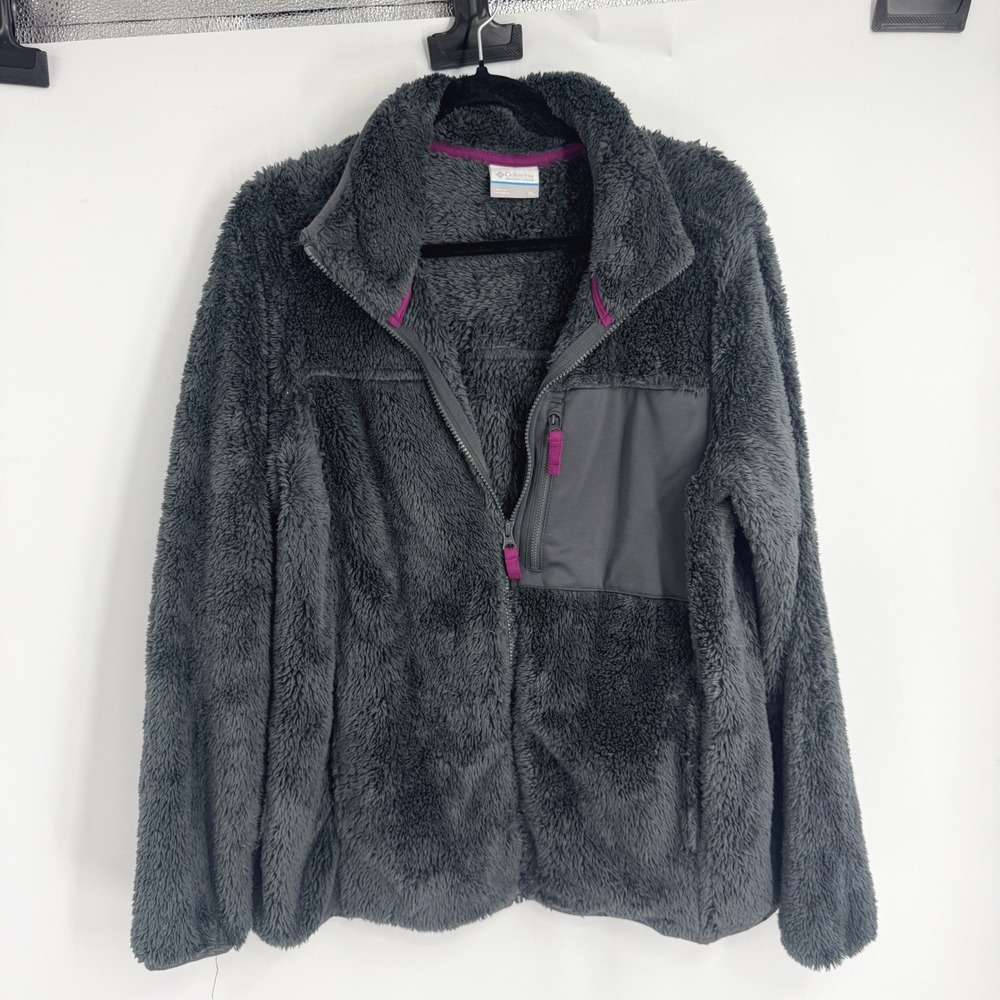 Columbia Womens XL Gray High Pile Fleece Full Zip Jacket Magenta Trim Fuzzy Cozy